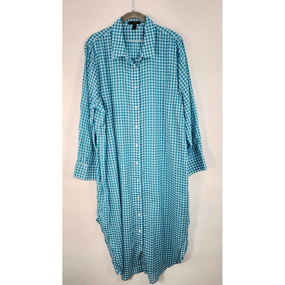 J Crew Long Coverup Women's L Turquoise Gingham Button Up Beach Coastal
